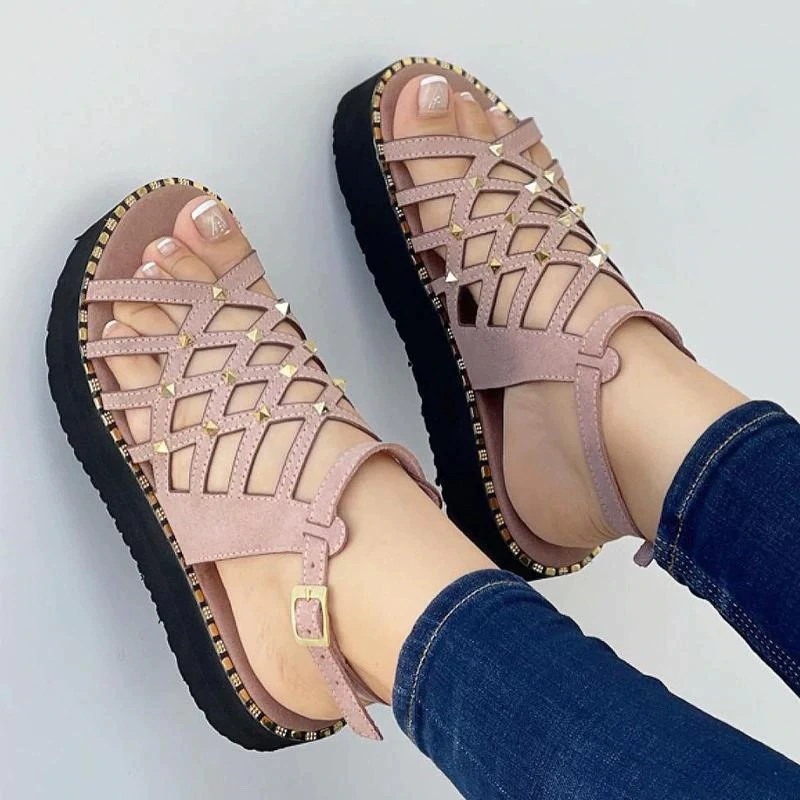 Summer lattice sandals with studded platform, breathable strappy design, plus size European style