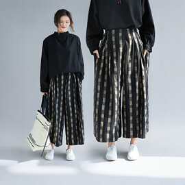 日系宽松格纹阔腿裤女休闲裤松紧腰九分裤显瘦百搭垂感长裤