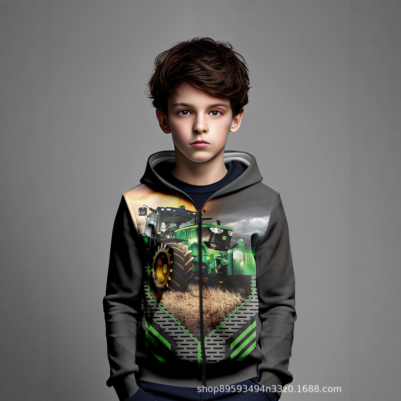 Autumn and Winter John Deere Green Tractor Zipper Hooded Jacket with Mechanical Geometric Print for Boys and Girls Cardigan Sweatshirt