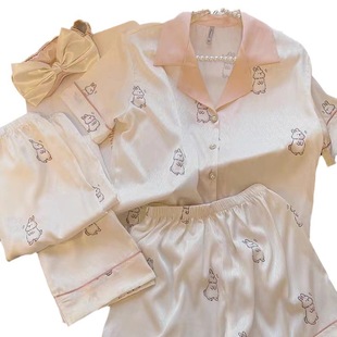 Three-piece Ice Silk pajamas women's summer short-sleeved cool-feeling satin silk-like outwear home suit wholesale