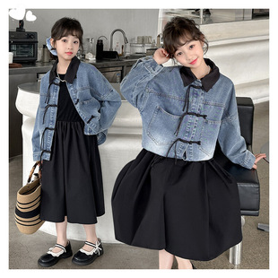 Girls' National Style Buttoned Jacket Spring Fashionable Kidsren's Denim Top 2025 New Little Girl Korean Style Foreign Style Spring