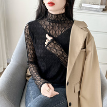 2023新款秋冬双层内搭显瘦打底衫半高领蕾丝衫提花显瘦百搭上衣女