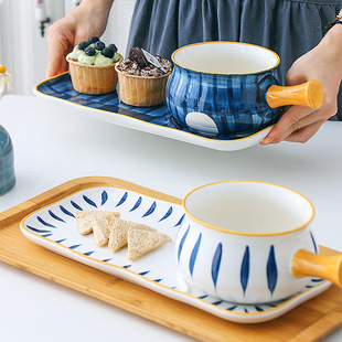 Japanese-Style Handle Bowl Ceramic Single-Handle Baking Bowl Home Breakfast Bowl and Plate Set Creative Trendy Tableware Hand-Painted for One Person