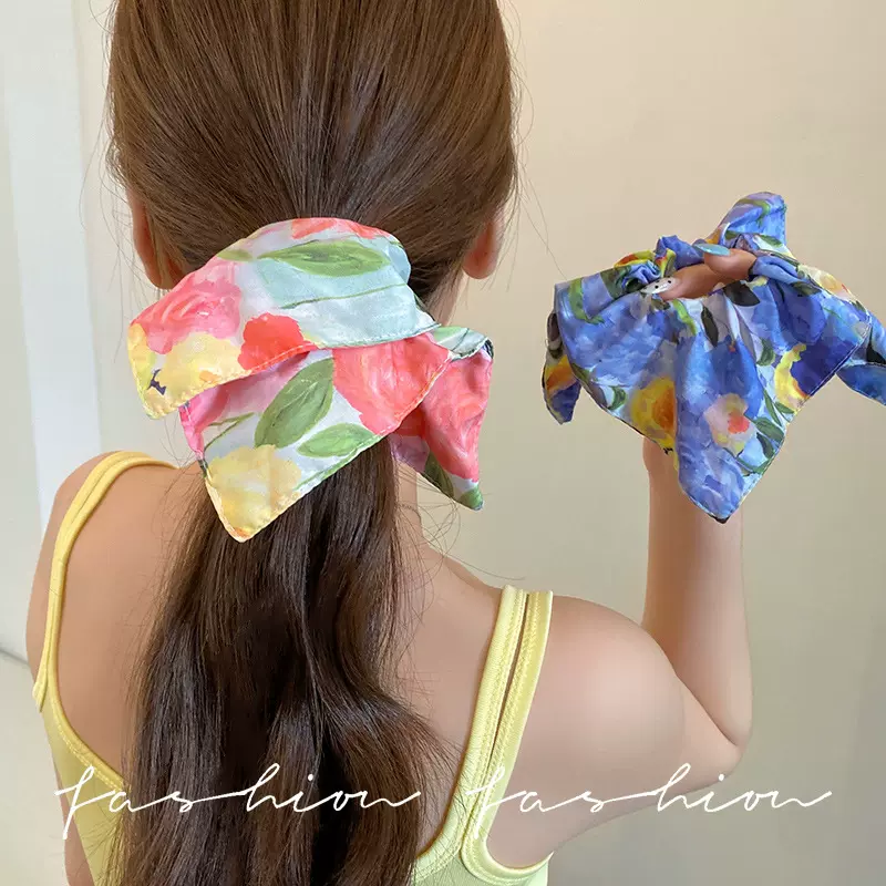 莫奈花园油画风清新碎花方巾大肠发圈女慵懒风头圈发绳低马尾头绳