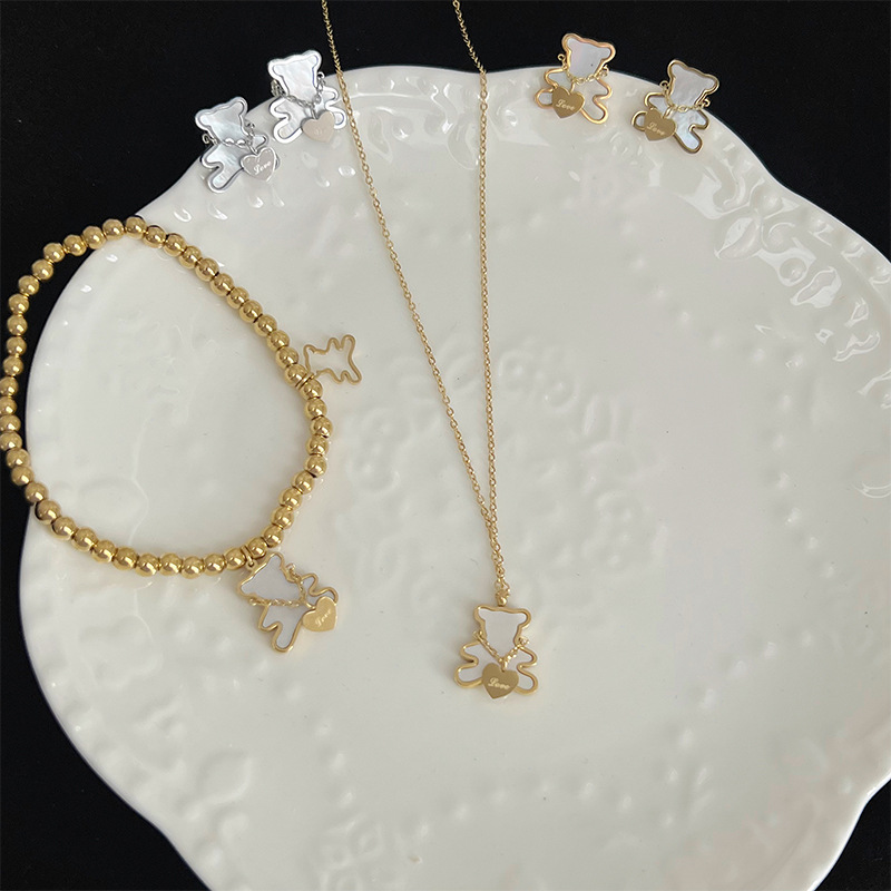 Womenu0027S Sweet Bear Stainless Steel Bracelets Ear Studs Necklace Mother pearl shellfish Jewelry S