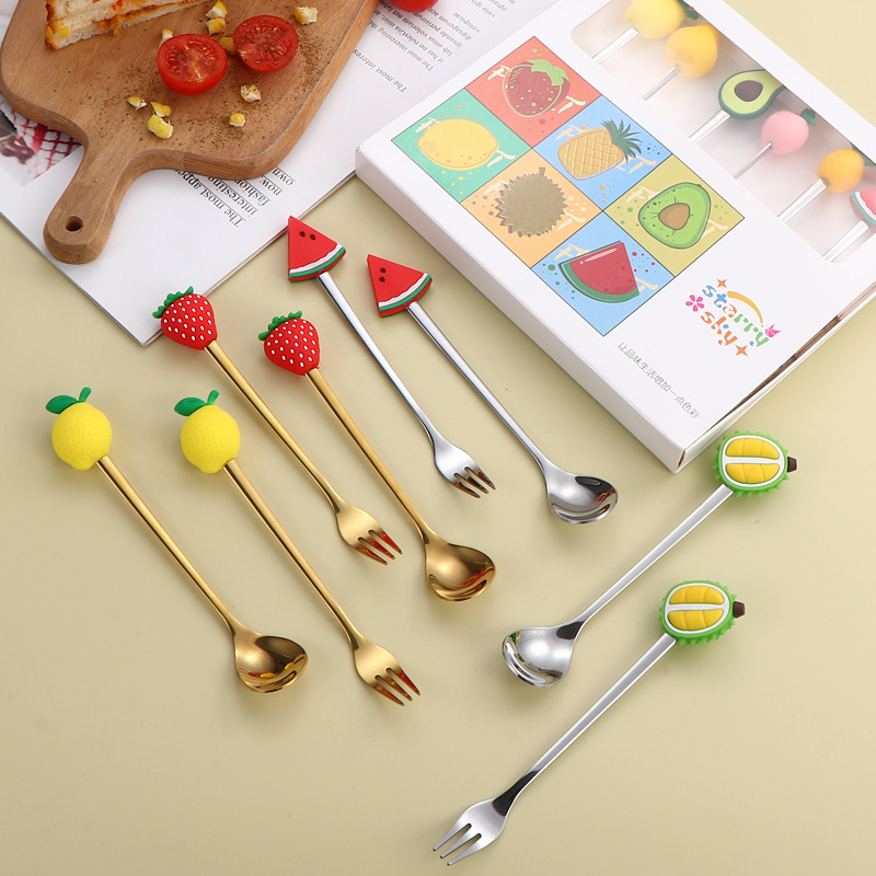 Productos transfronterizos 304 cucharas de acero inoxidable, cucharas de café, patrón de fruta, pastel, postre, cucharas y tenedores, set de regalo