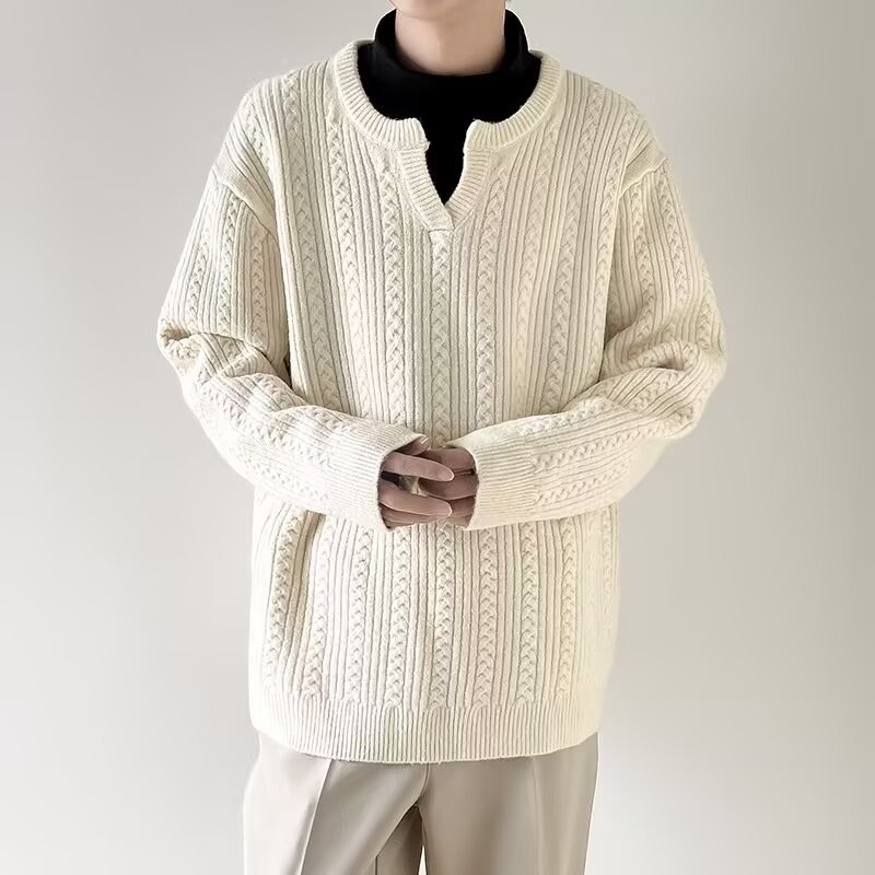 Pull en tricot à col en v pour homme en mélange coton hiver_voghion.com