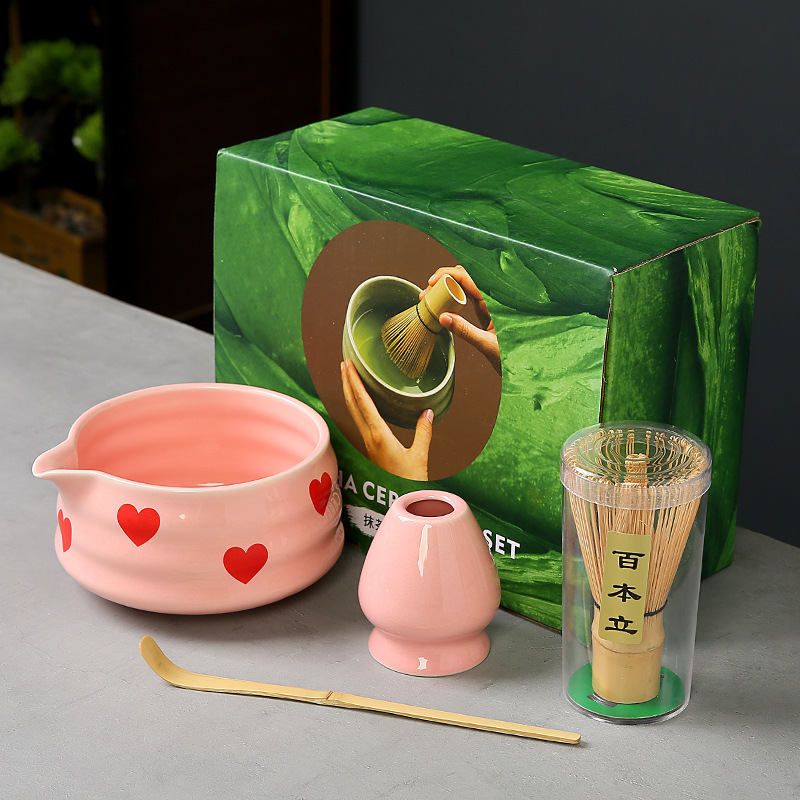 跨境抹茶碗套装樱桃蝴蝶结心形图案花纸陶瓷百本立茶筅点茶系列|undefined