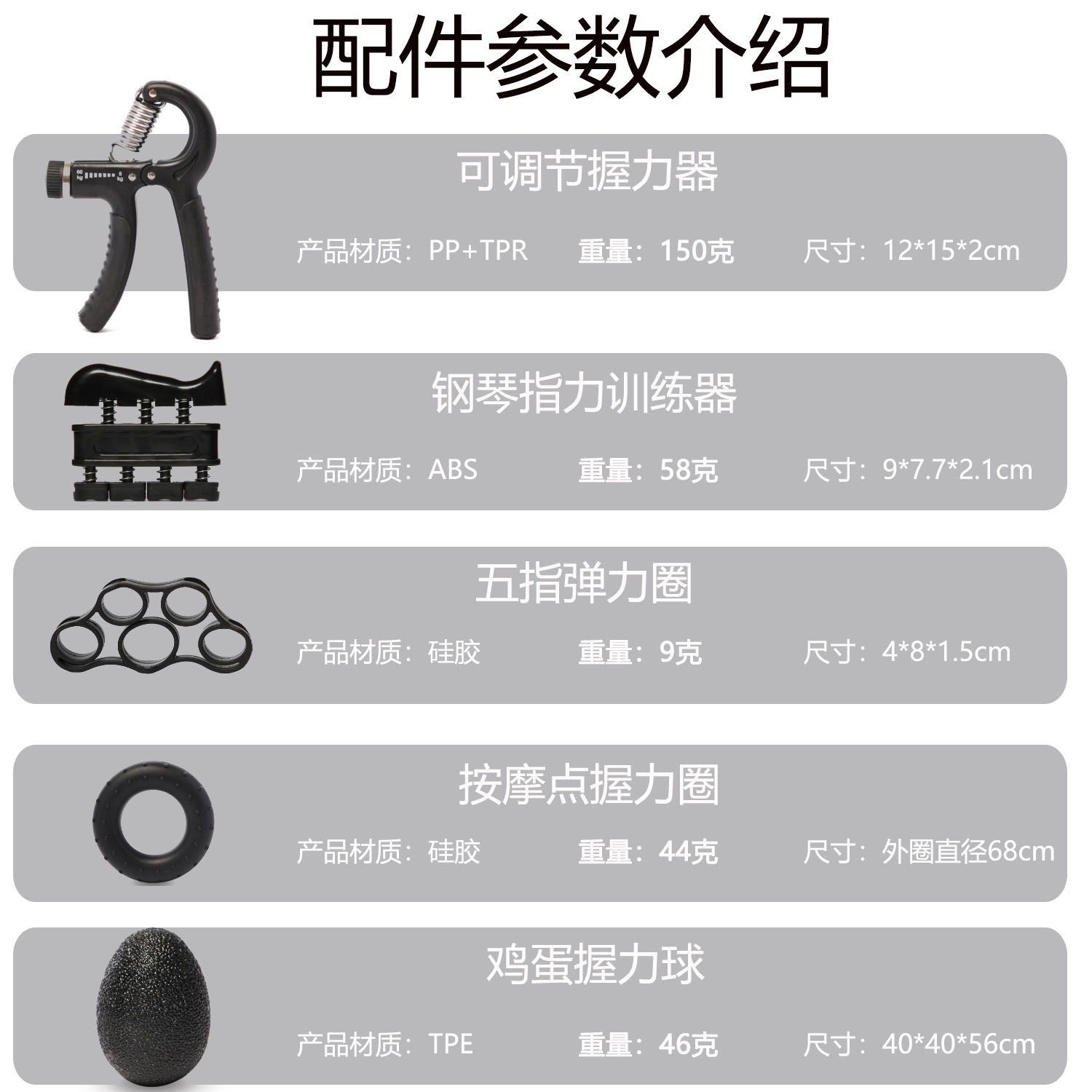 Juego de dispositivo de agarre ajustable Juego de dispositivo de agarre de fuerza de mano de cinco piezas Ejercicio Dispositivo de entrenamiento de mano Rehabilitación de dedos