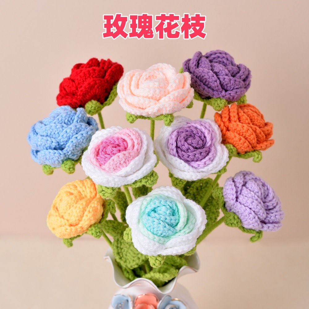 Cross-Border Creative Finished Crochet Gradient Wool Rose Bouquet Single Valentine's Day Chinese Valentine's Day Christmas Bouquet