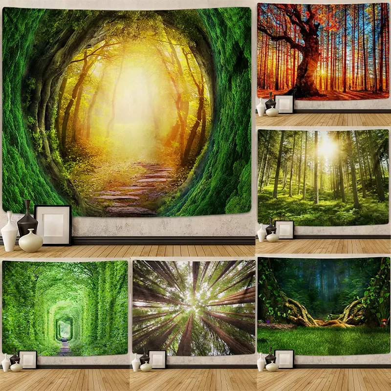 亚马逊跨境森林挂毯户外背景布挂画挂布墙壁装饰毯植物图案可制作