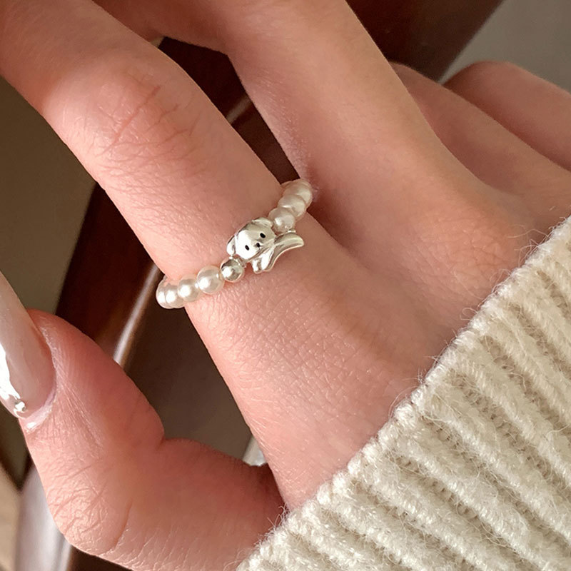 Cute Puppy Pearl Stamping Rope Ring for Women's Niche Design Cute Exquisite Fashion All-match Ring Ring