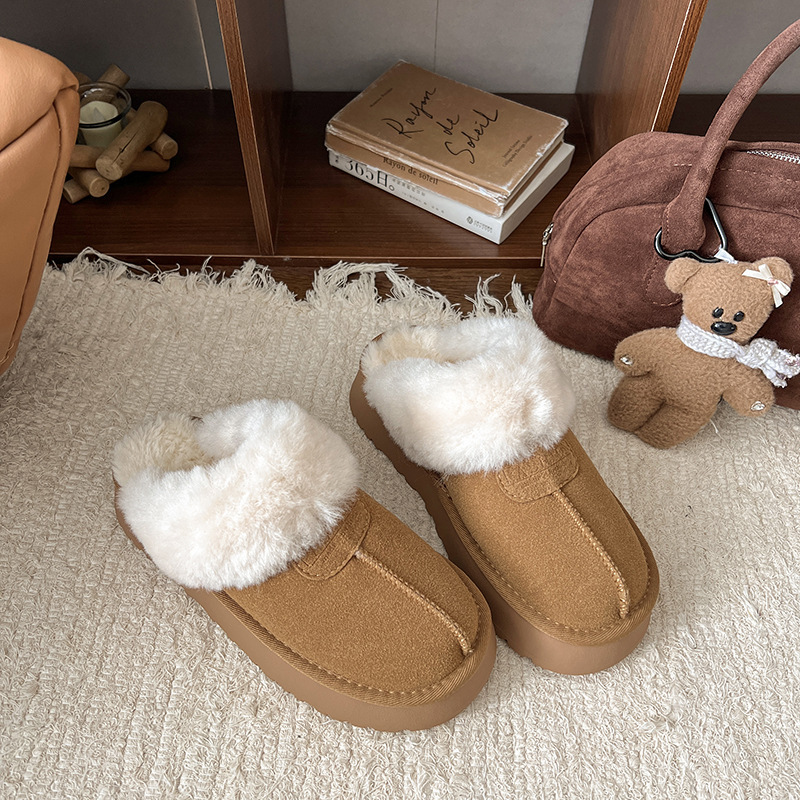 Thick-Soled Cotton Slippers for Women's Autumn and Winter Outer Wear 2025 New Style Slip-On Toe-Toe Furry Half Slippers Fleece-Lined Snow Boots