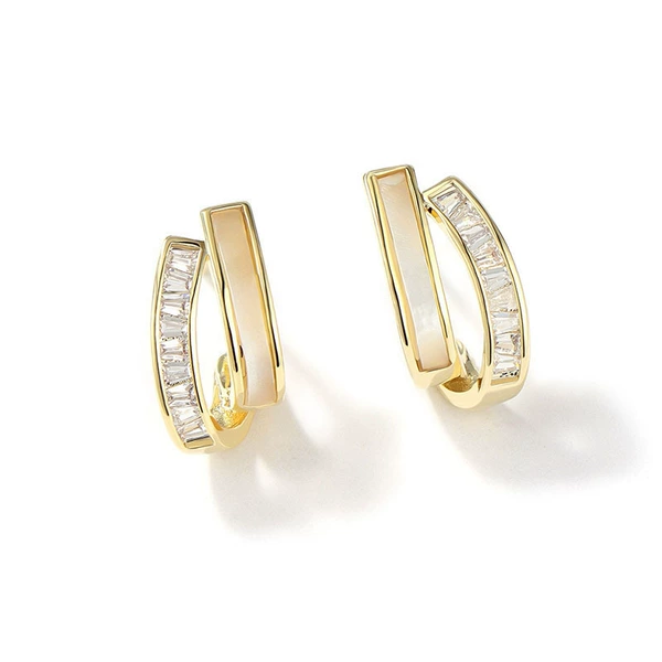 Silver needle: white oil drop + crystal double curved earrings