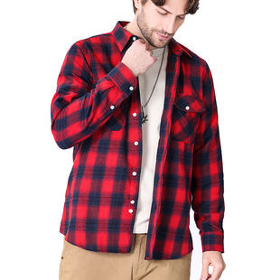 Spring and Summer Slim Fit Amazon Red Brushed Plaid High-End Long-Sleeved Double Pocket Flannel Foreign Trade Shirt for Men
