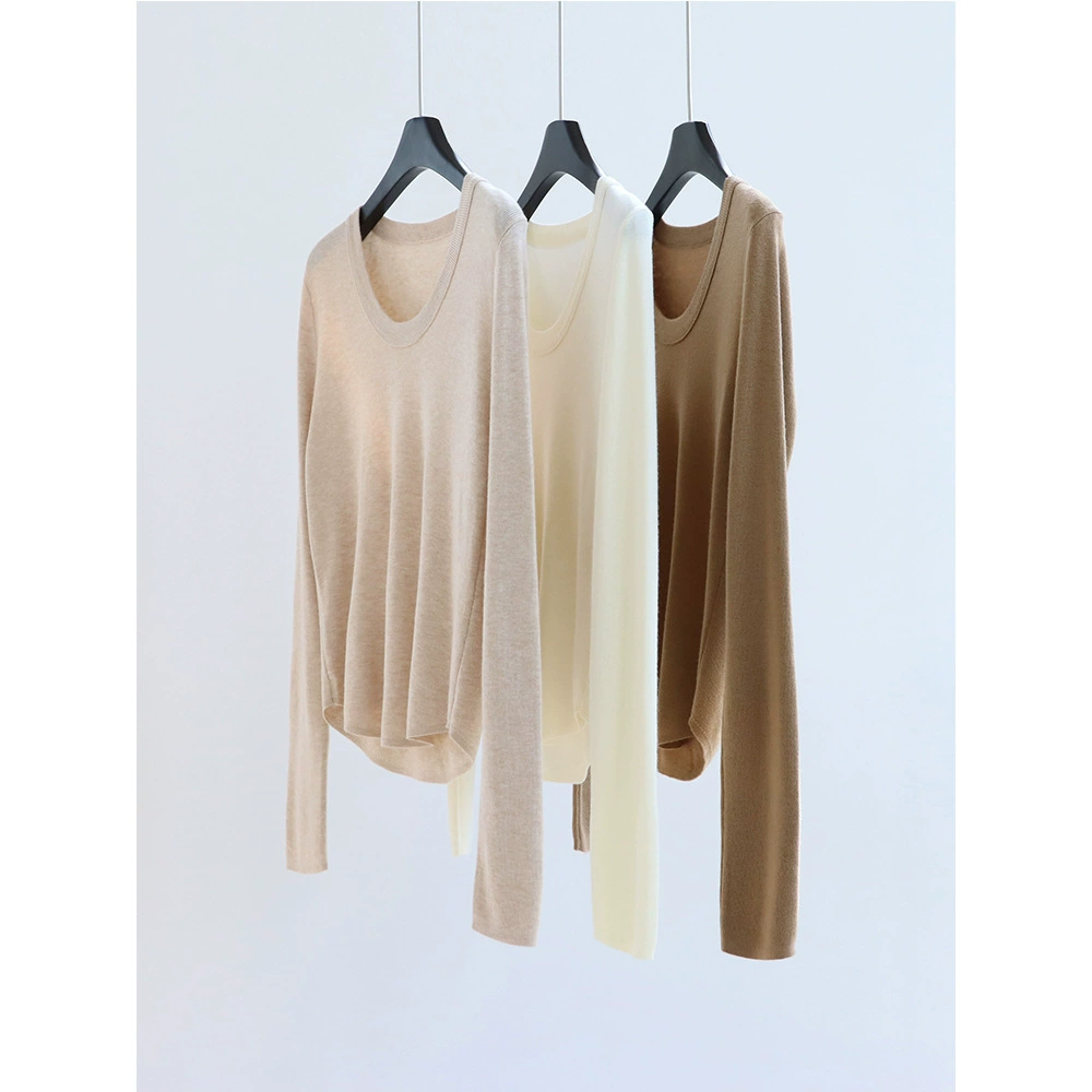 Осенне-зимний шерстяной трикотаж с U-образным вырезом и длинными рукавами, универсальный женский пуловер с длинными рукавами, новый трикотаж