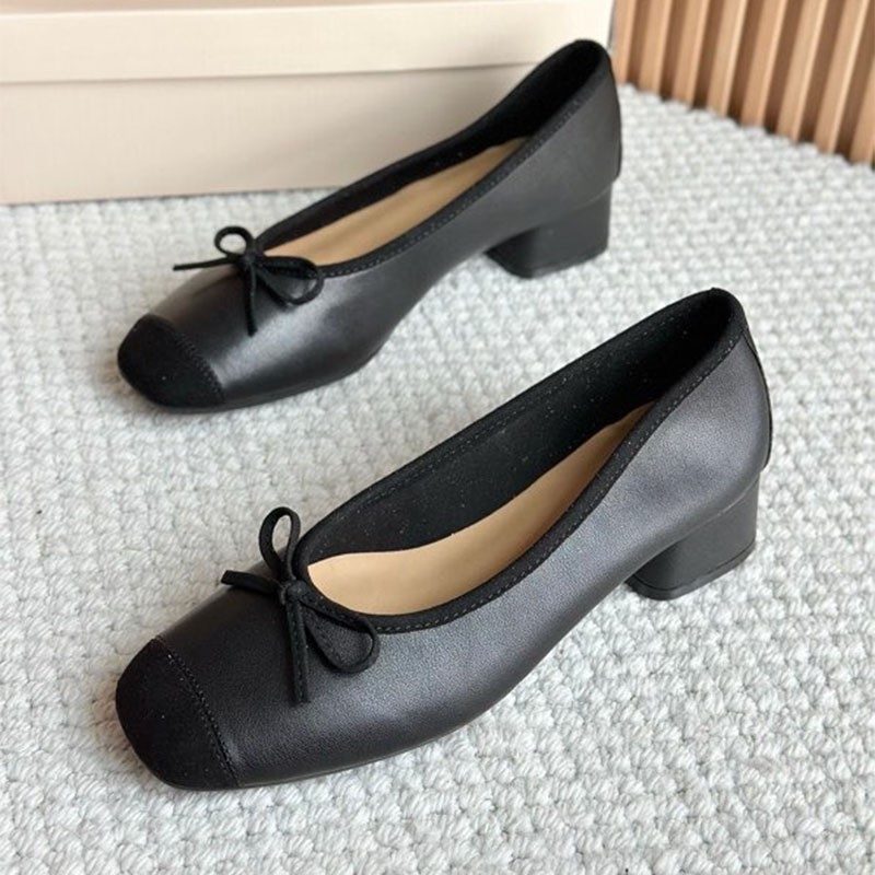 Super Soft Sheepskin Ballet Shallow Cut Mid-Heel Single Shoes, Round Toe, Genuine Leather, Bow Detail, Chunky Heel,_vogvips.com