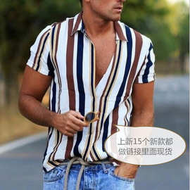shopify跨境wish2021夏季新款条纹衬衣男装休闲衬衫短袖上衣