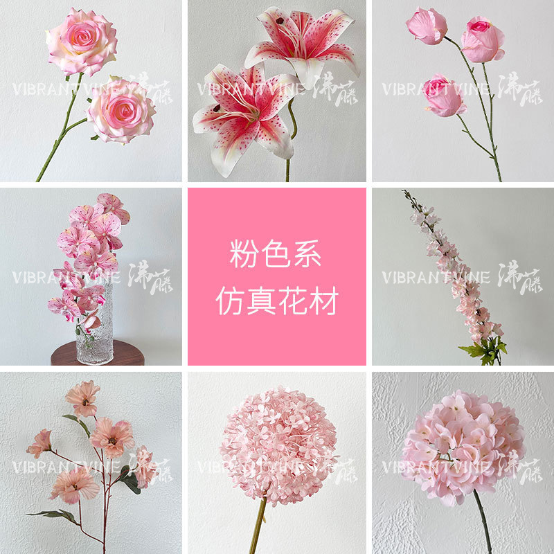 Pink Floral Arrangements, Artificial Flowers, Wedding Hall Scene Layout, Fake Flower Decoration, Ceiling Flower Path, Hydrangea, Roses, and Delicate Flowers