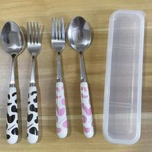 勺叉筷便攜餐具 不銹鋼兒童餐具套裝 奶牛陶瓷柄不銹鋼兒童餐具
