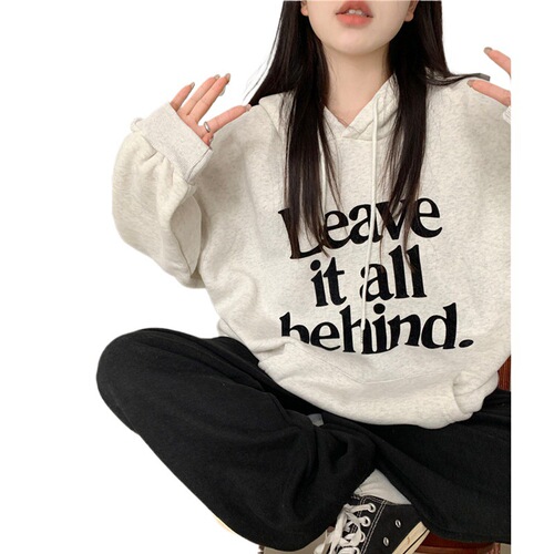 68220#250g Korean Ins Fleece Letter Hooded Sweatshirt Loose Hooded Sweatshirt Long Sleeve Overhead Top Outerwear