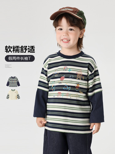 RightO European-style Boy's Fake Two-Piece Long-Sleeve T-Shirt for Autumn & Spring — New Collection of Children's Clothing, Kids' Base Layer Tops for Fall