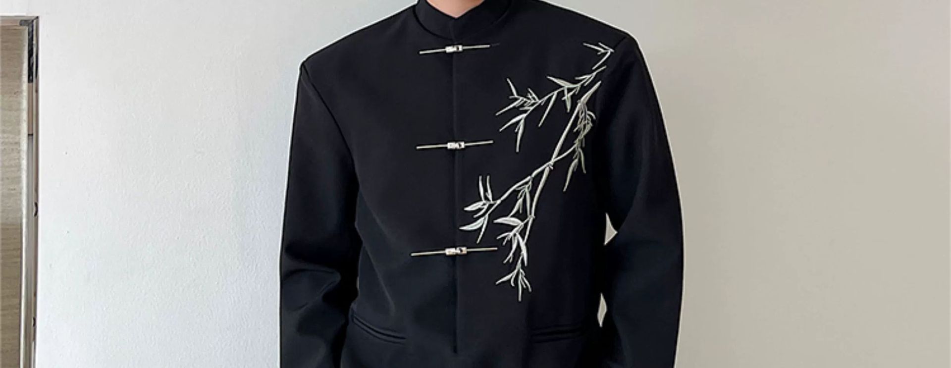 1 Yeni Çin Hafif Ulusal Üst Siyah Dik Yaka Bambu Batı Ceket Erkek İlkbahar Sonbahar Uçak Düğmesi Etnik Stil_voghion.com