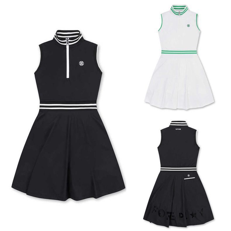 Korean Golf Clothing Women's Stand Collar Half Zipper Pure Color Waist Dress Sports Casual Fashion Ball Skirt