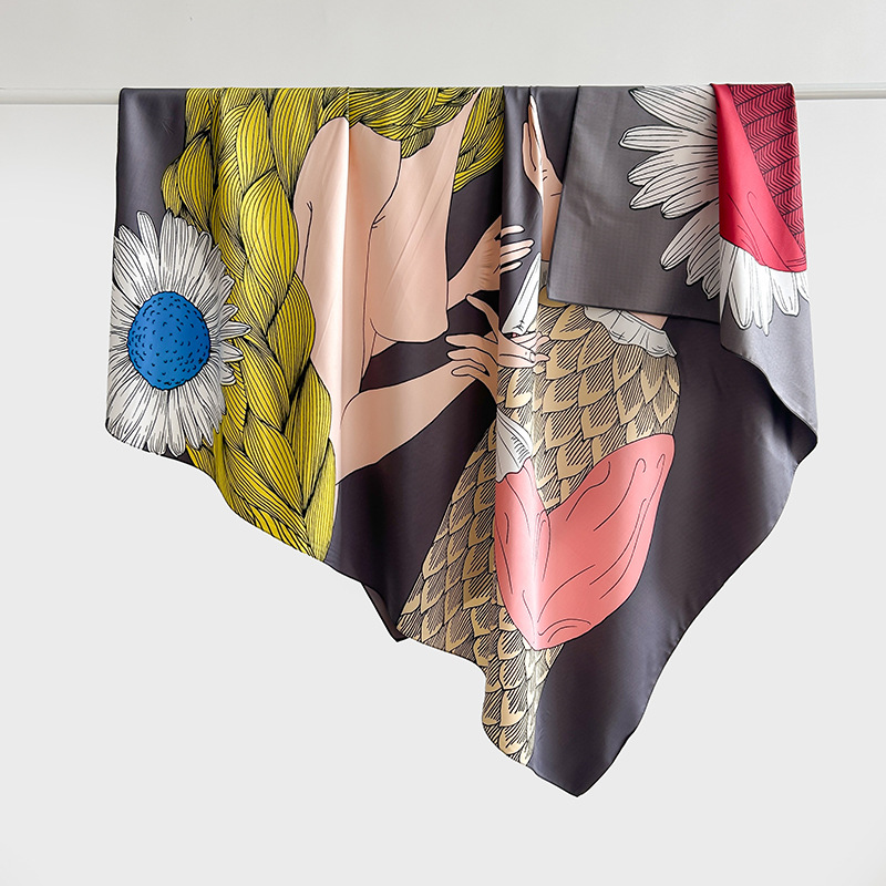 Tendencia japonesa y coreana, bufanda cuadrada grande con estampado de nicho, estilo INS, sentido de diseño simple, temperamento de moda para mujer, mantón de sarga 130