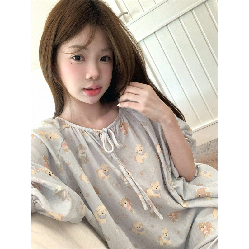 韩国ins女士春秋新品韩版奶蓝狗狗简约慵懒卡通家居服睡衣套装女|undefined