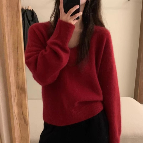 YUNSHU仿浣熊软糯V领针织衫内搭女秋冬宽松慵懒毛衣套头打底上衣