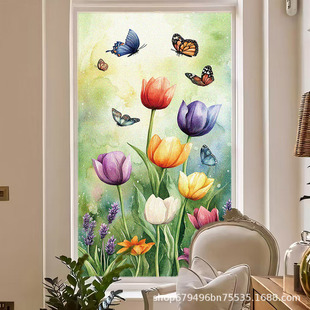 Tulip Butterfly Colorful Advanced Art Window Glass Window Sticker Blackout Privacy Translucent Glass Film