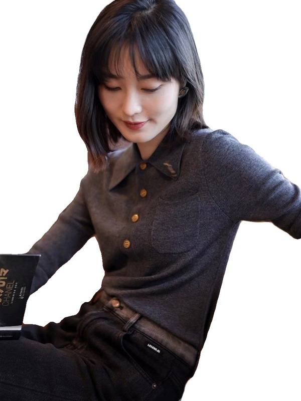 港米服饰2025秋冬打底衬衫女polo领灰色羊毛修身显瘦针织衫上衣|undefined
