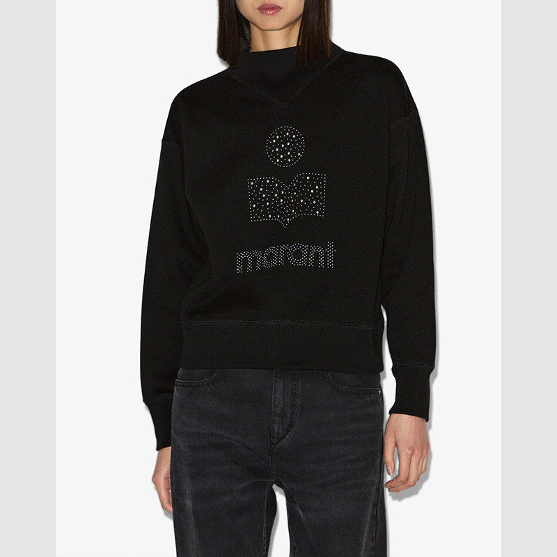25 New Autumn and Winter Models of North American Niche Classic Style Logo Rhinestone High Collar Cotton Black Women's Sweatshirt
