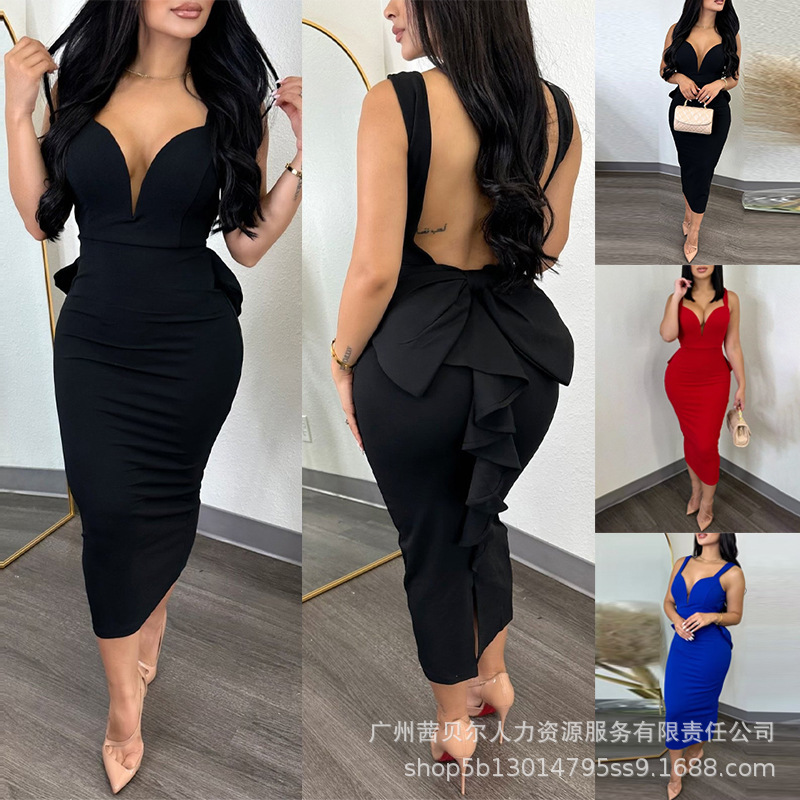 New Cross-Border European and American Pure Color Backless Ruffled Splicing V Neck Slim Dress P1Odf3845/Odf3845