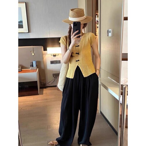 Korean V-neck bow flying sleeves knitted T-shirt women's summer slim fit niche design chic top
