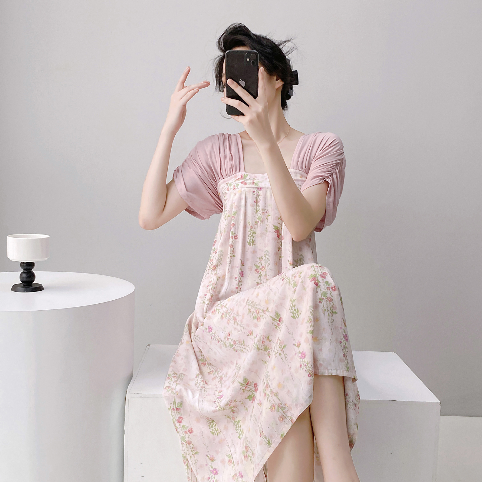 唐风小碎花新款棉绸短袖睡裙女外穿绑带家居服绵绸裙子到脚踝长裙