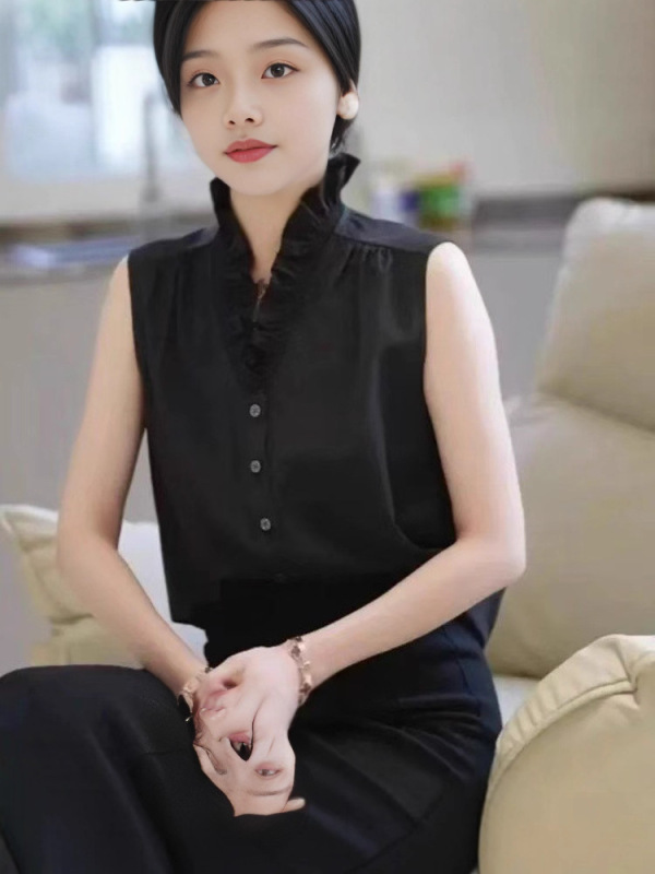 夏季花边领V领白色无袖背心女内搭法式木耳边无袖衬衫打底衫|undefined