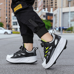 Rotating buckle leather heloo shoes, children's students sneaker 2024 teenagers small four-wheel shoes