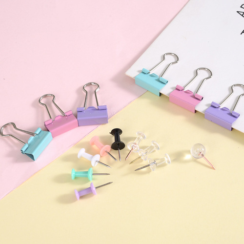 Four-grid stationery set, macaron color, large and small, gold and silver long tail clip combination, dovetail clip, paper clip thumbtack