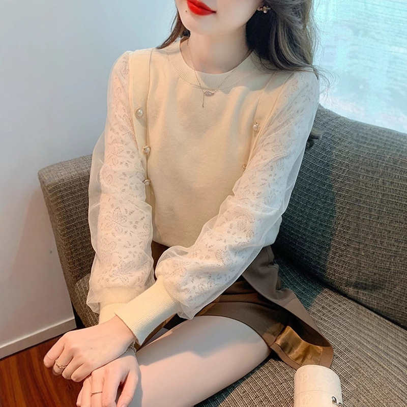 Lace Sleeve Crewneck Long-sleeved Knitted Sweater Women's Spring and Summer New Style Western Style Age-reducing Inner Base Shirt Top