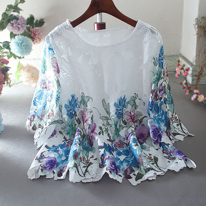 Agent vintage floral lace hollow-out loose slimming pastoral style round neck pullover mid-sleeve shirt women's top fashion