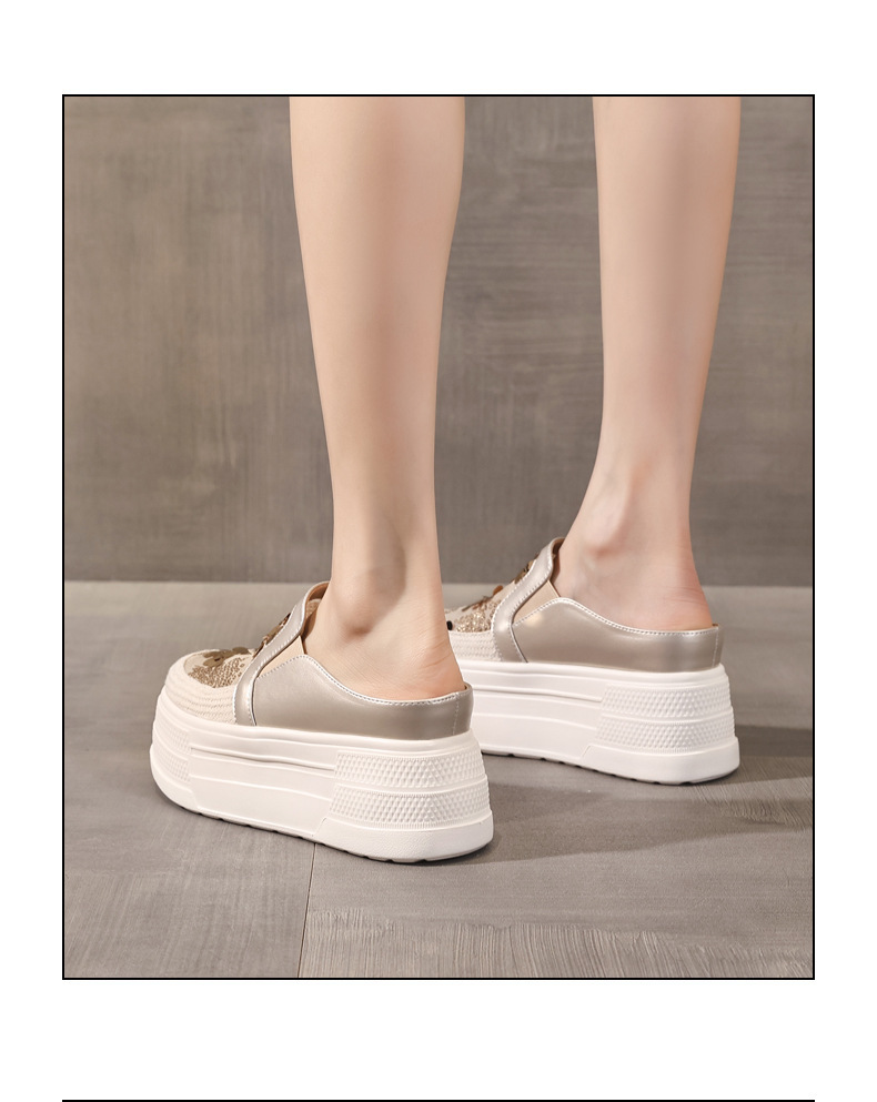 Giày sneaker nữ đế dày tăng chiều cao, kiểu lười một chân, mũi trùm, phối sequin, mùa hè 2026 — màu vàng, bạc chi tiết 16