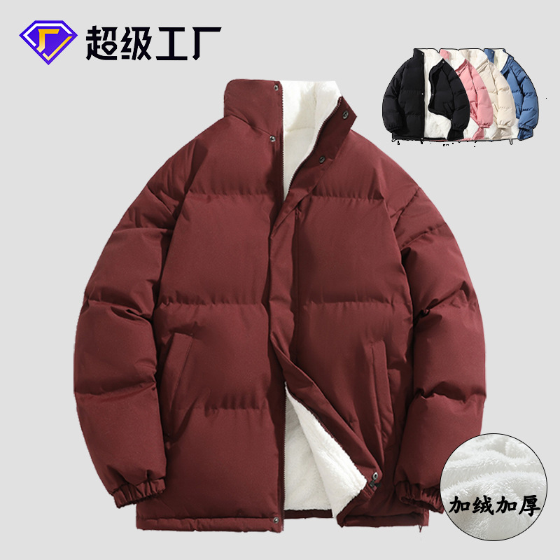 跨境定制立领棉服男女同款加绒宽松棉袄情侣款棉衣男多口袋设计