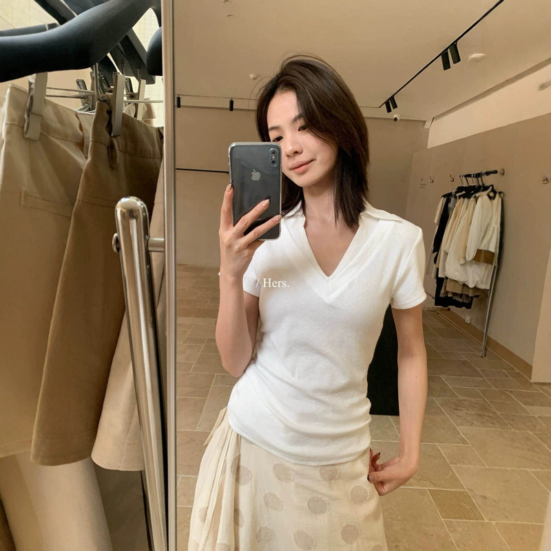 Hers Sweet Summer Dress Women's Korean Style Simple Versatile Slim Fit Fake Two-Piece V-Neck Short Sleeve T-Shirt 80751