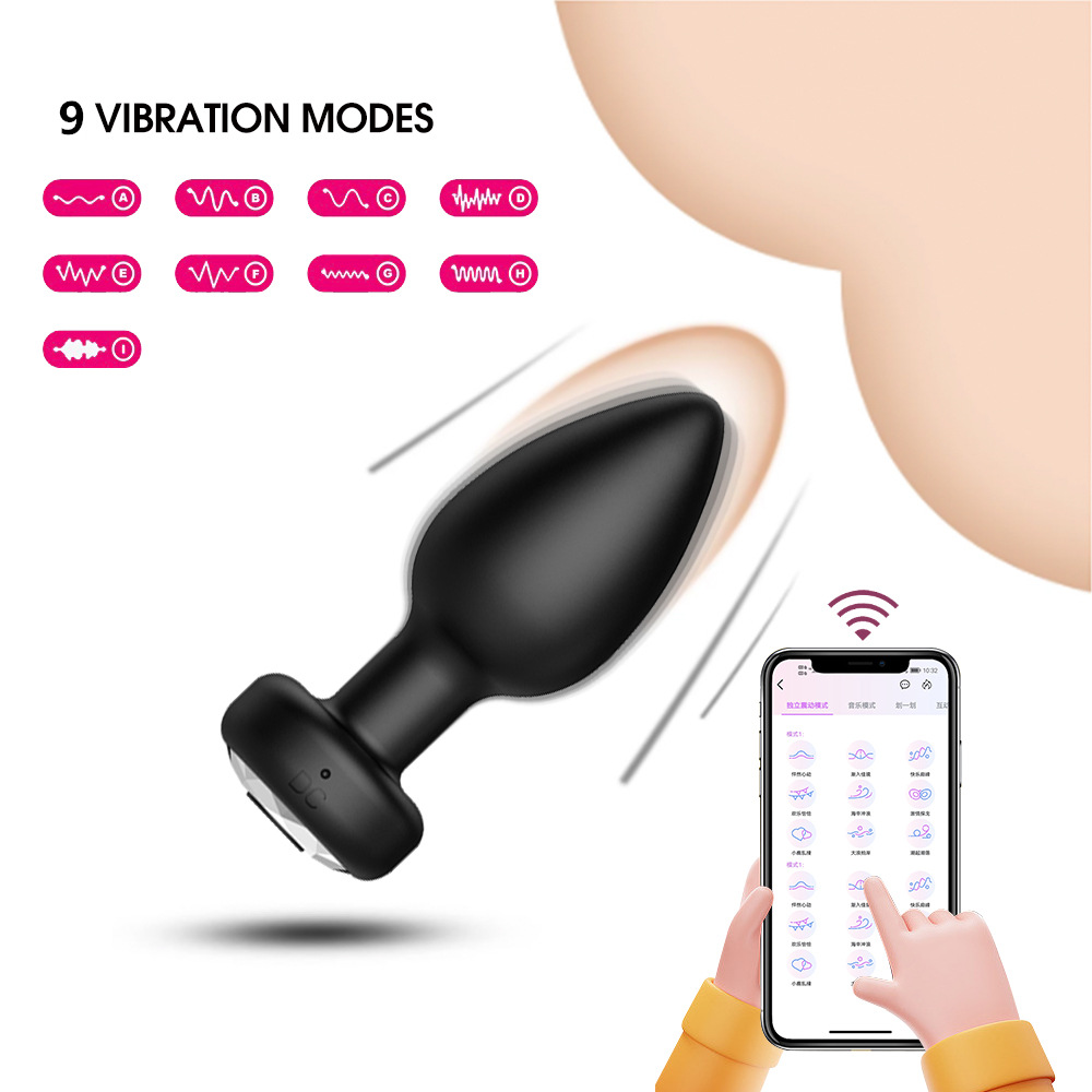 APP Remote Control Vibrating Anal Plug Set, 10 Frequencies, Silicone, Black, 4-Piece — detail image 3
