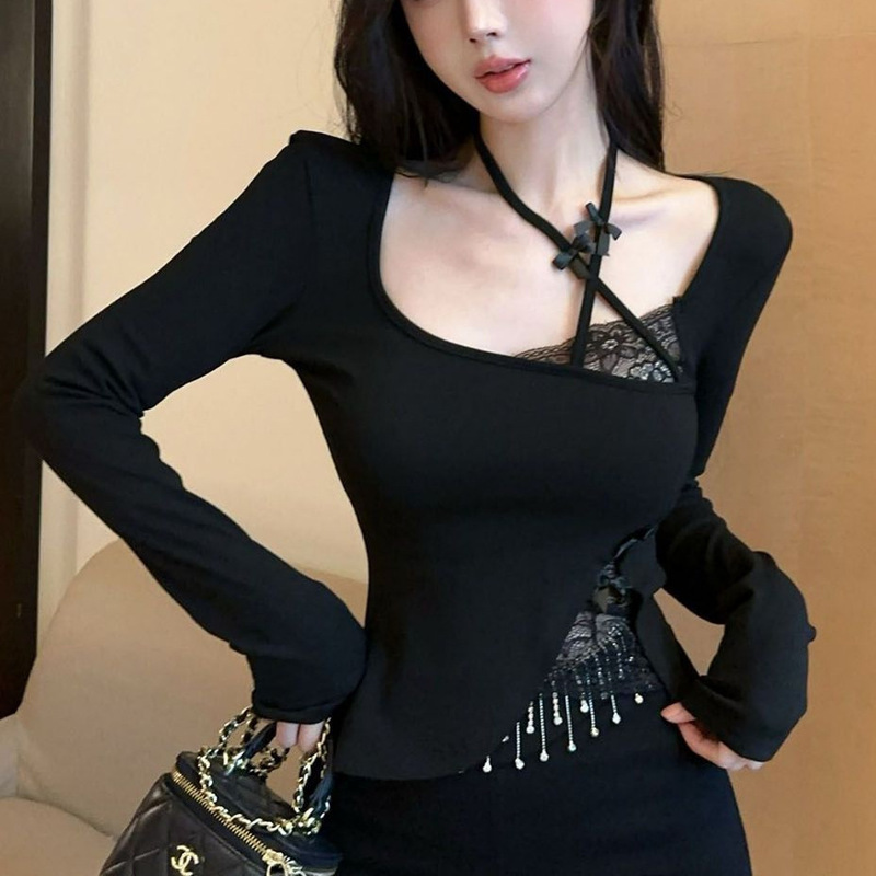 2025 New Style Pure Black Halter Neck Lace Patchwork Base Shirt, Sexy Slim-Fit Long-Sleeve T-Shirt for Women