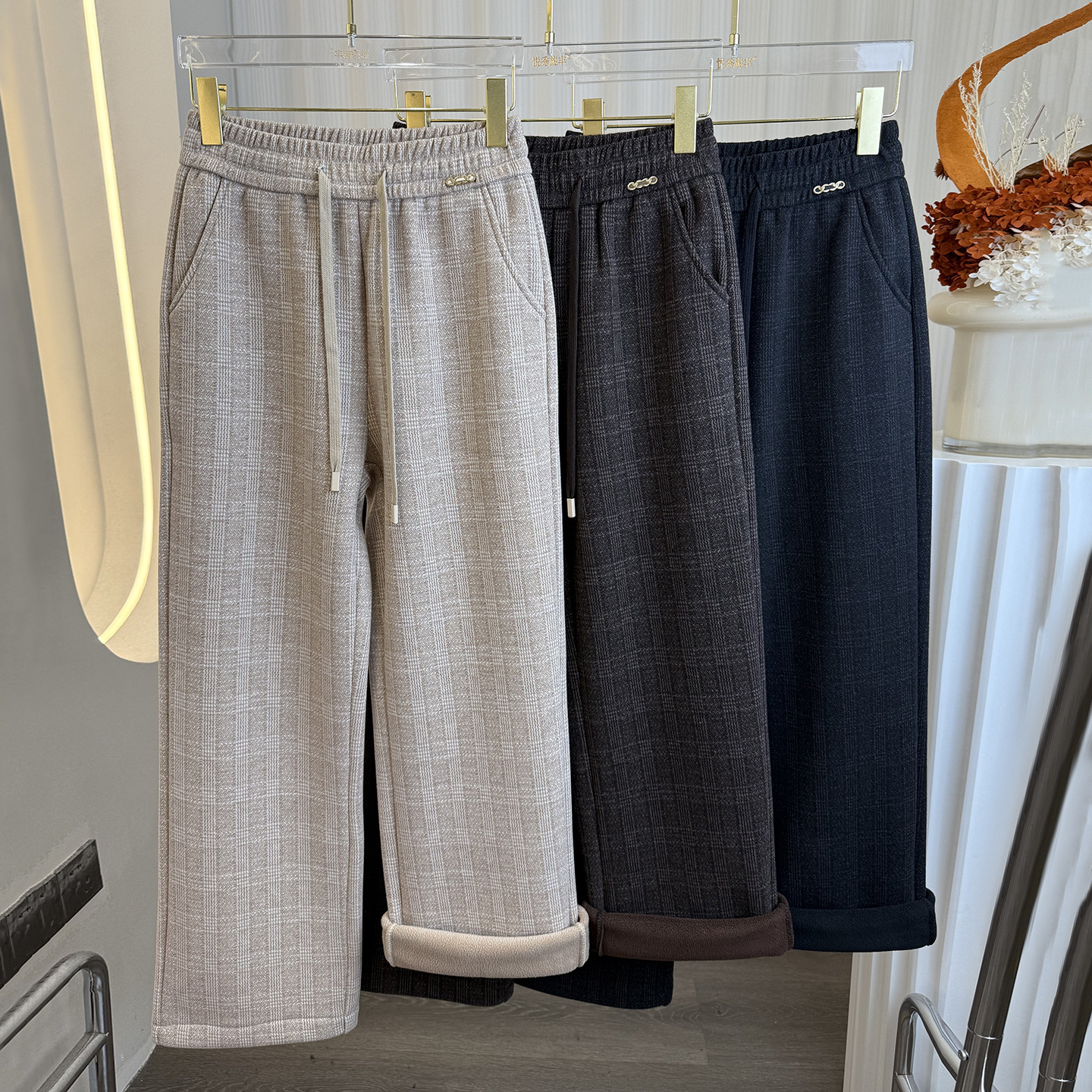 2025 New Winter Wool Plaid Straight Pants for Women Loose Cashmere Wide Leg Pants Casual Warm Women's Pants