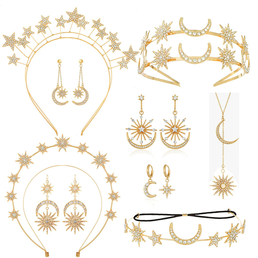 European and American Fashion Sun and Moon Headband Earrings Alloy Hairpin Necklace Baroque Hot Selling Headwear Hair Accessories