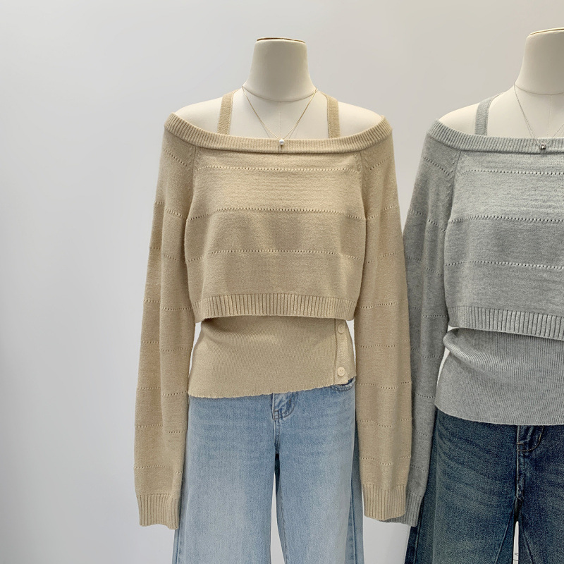 Halter Neck Suspender One-Shoulder Short Knitwear Two-Piece Suit for Women Autumn and Winter New Korean Style Inner Top